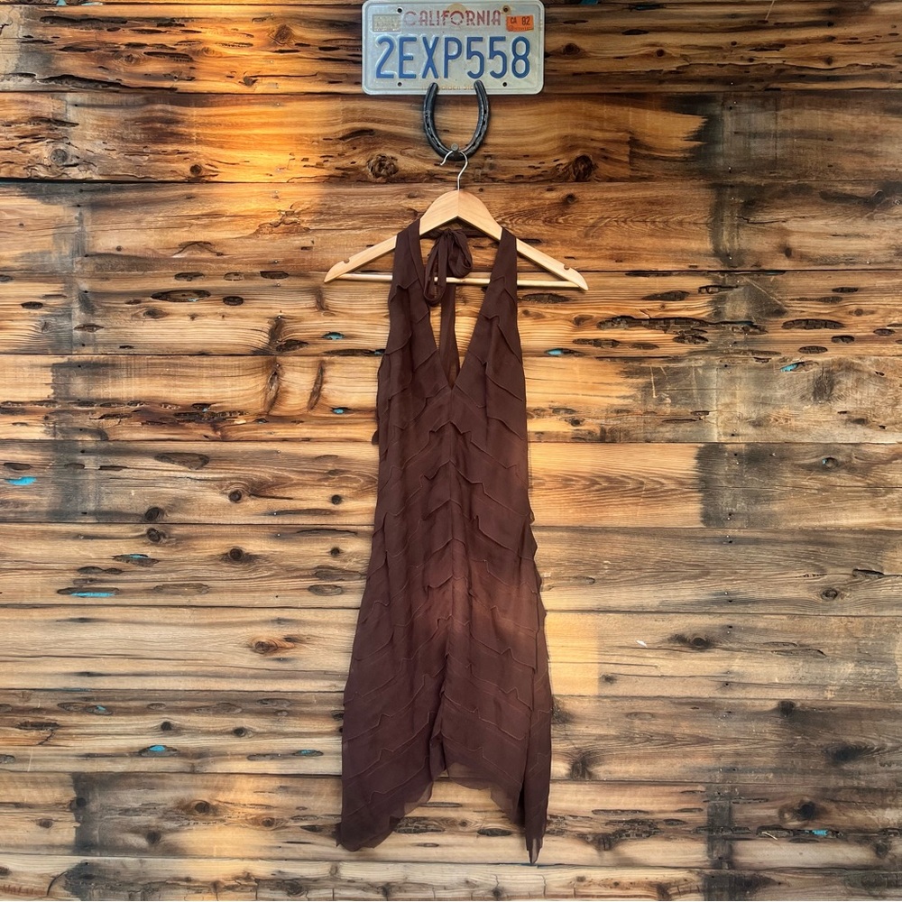 BCBGMAXAZRIA | Vintage Y2K Silk Brown Halter Ruffle Dress 4